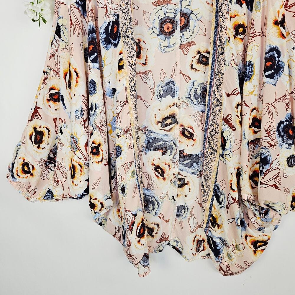 Maurices Pink Floral Peasant Sleeve Kimono XL Large Boho Spring Cover Up Cottage - Picture 8 of 13